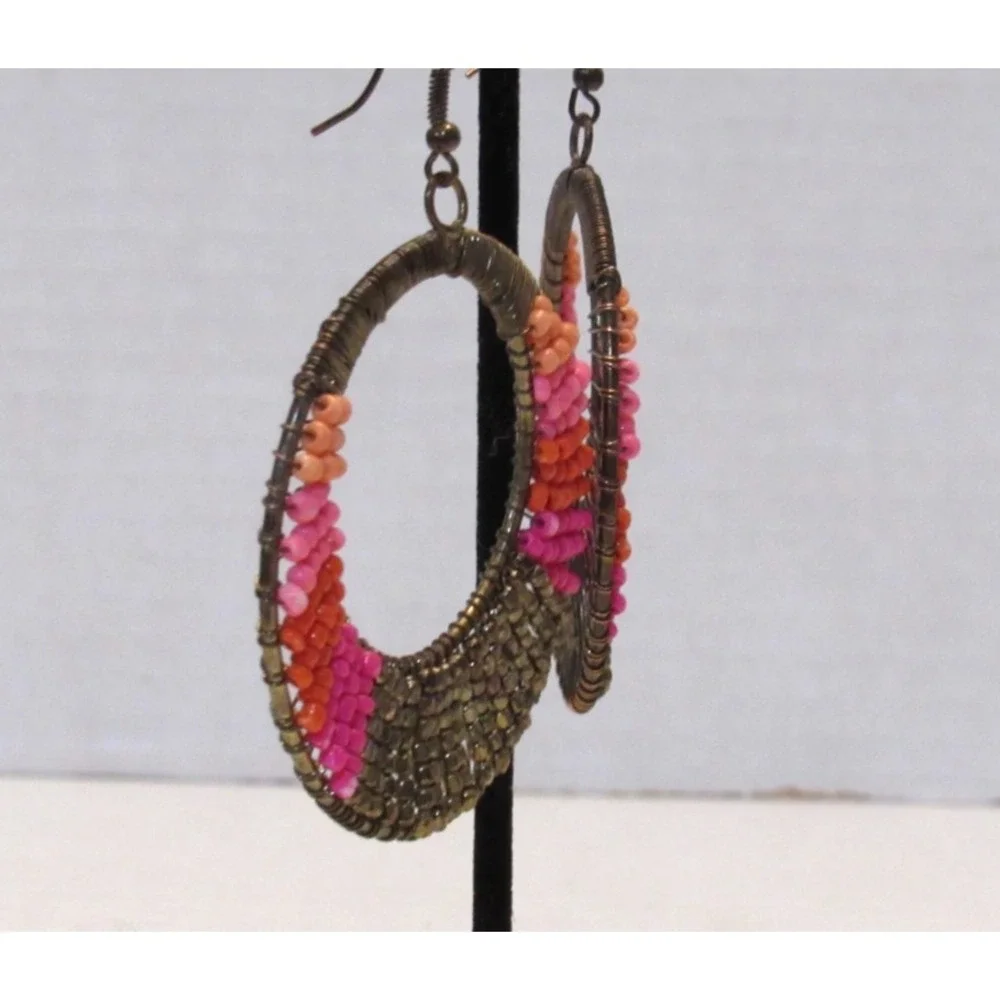 Round Microbead Dangle Circle Earrings Boho Chic Retro Kitschy Ethnic Folk Art